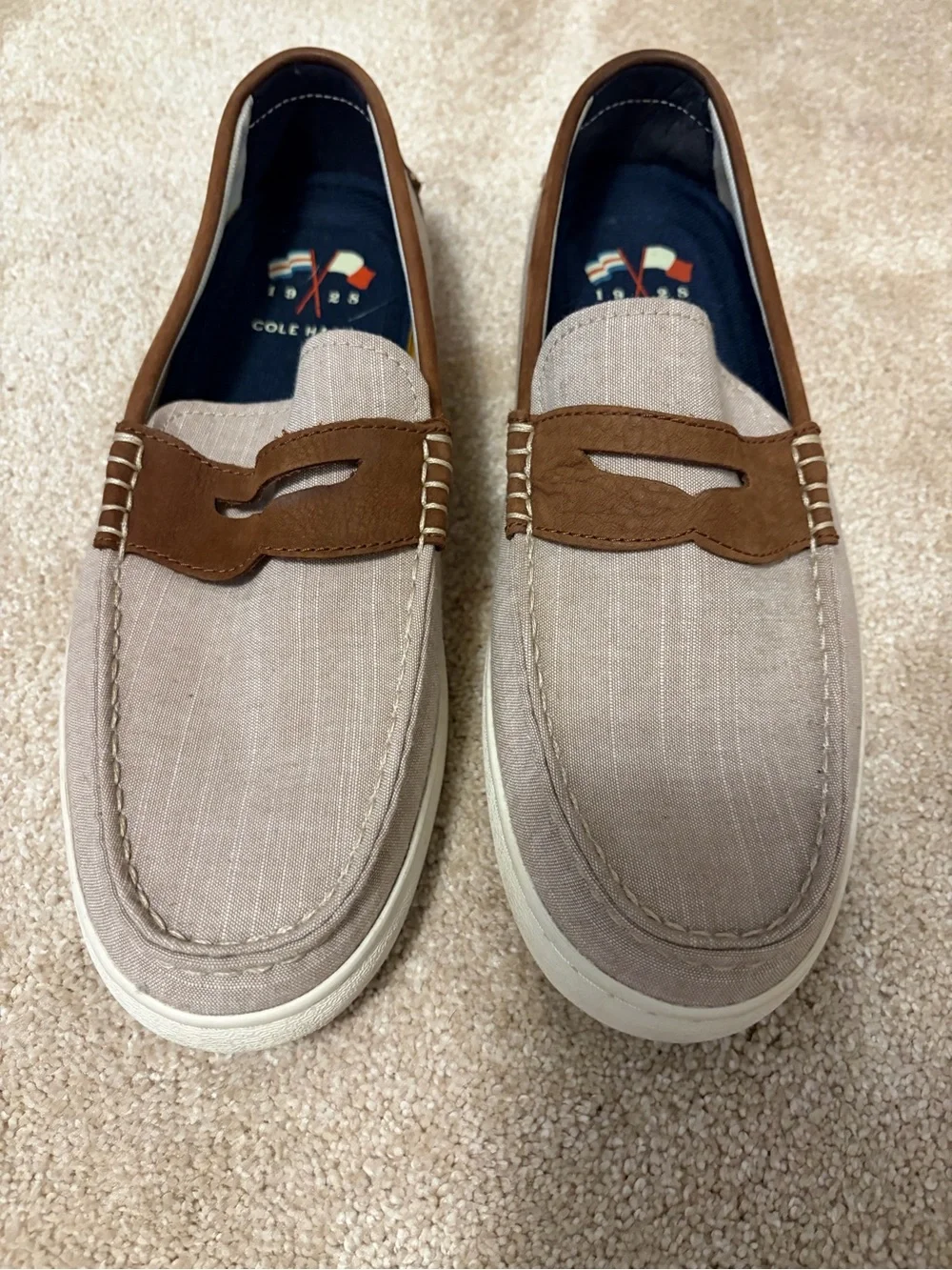 Cole Haan Beige Canvas and Brown Leather Penny Loafers
